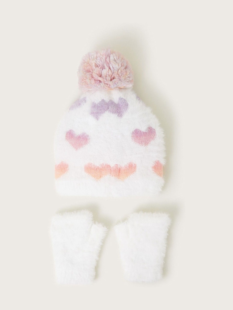 Monsoon White Neon Hearts Fluffy Hat and Gloves Set - Image 2 of 3