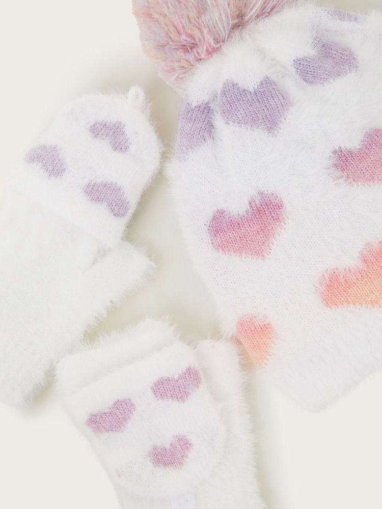 Monsoon White Neon Hearts Fluffy Hat and Gloves Set - Image 3 of 3