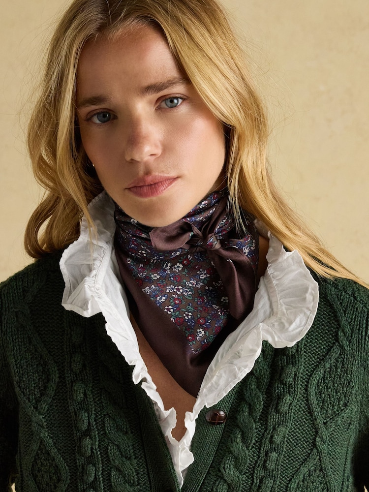 Joules Elsie Chocolate Brown Small Square 100% Scarf - Image 1 of 7