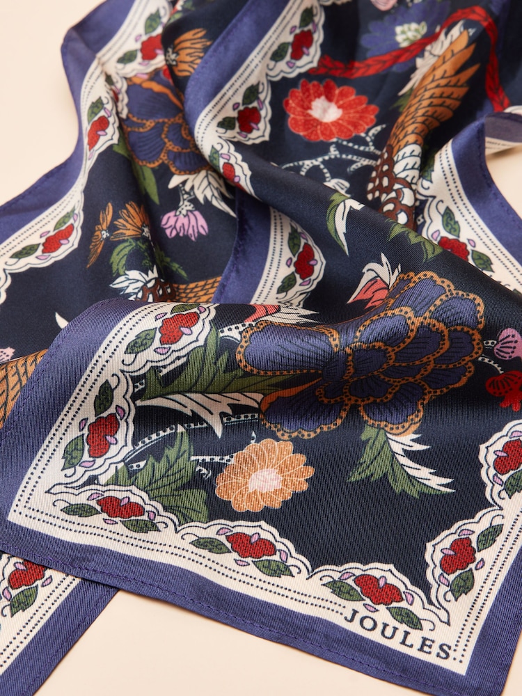 Joules Highgrove Navy Silk Printed Skinny Scarf - Image 5 of 5