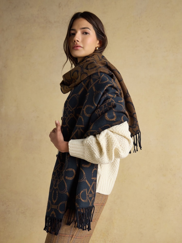 Joules Elissa Navy/Tan Double-Sided Jacquard Scarf - Image 2 of 6 Joules Elissa Navy/Tan Double-Sided Jacquard Scarf - Image 2 of 6