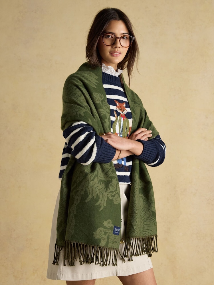 Joules Elissa Khaki Green Double-Sided Jacquard Scarf - Image 1 of 3 Joules Elissa Khaki Green Double-Sided Jacquard Scarf - Image 1 of 3