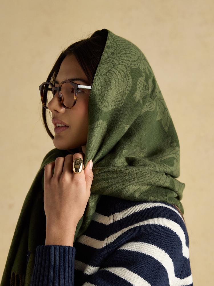 Joules Elissa Khaki Green Double-Sided Jacquard Scarf - Image 3 of 3 Joules Elissa Khaki Green Double-Sided Jacquard Scarf - Image 3 of 3