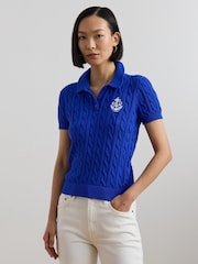 Lauren Ralph Lauren Natrissa Embroidered Logo Cable Knit 100% Cotton Polo Shirt - Image 1 of 8