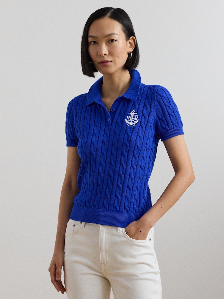 Lauren Ralph Lauren Natrissa Embroidered Logo Cable Knit 100% Cotton Polo Shirt - Image 1 of 8