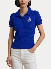 Lauren Ralph Lauren Natrissa Embroidered Logo Cable Knit 100% Cotton Polo Shirt - Image 6 of 8