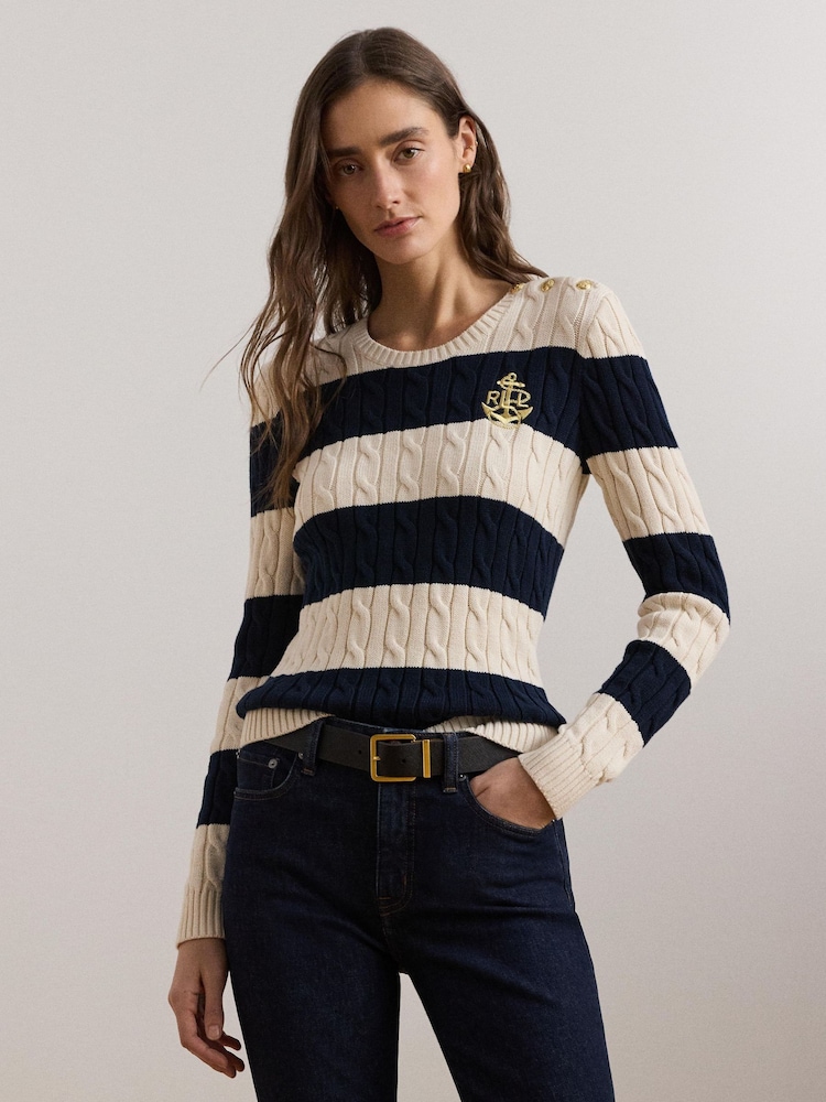 Lauren Ralph Lauren Montiva Stripe Cable Knit 100% Cotton Jumper - Image 1 of 9