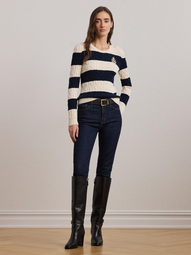 Lauren Ralph Lauren Montiva Stripe Cable Knit 100% Cotton Jumper - Image 2 of 9