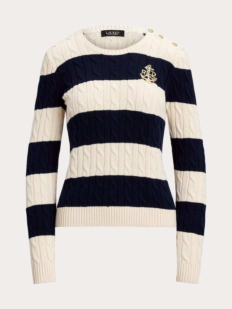 Lauren Ralph Lauren Montiva Stripe Cable Knit 100% Cotton Jumper - Image 9 of 9