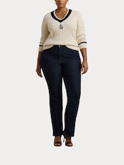 Lauren Ralph Lauren Curve Meren V-Neck Cricket Logo Cable Knit 100% Cotton Jumper - Image 1 of 7