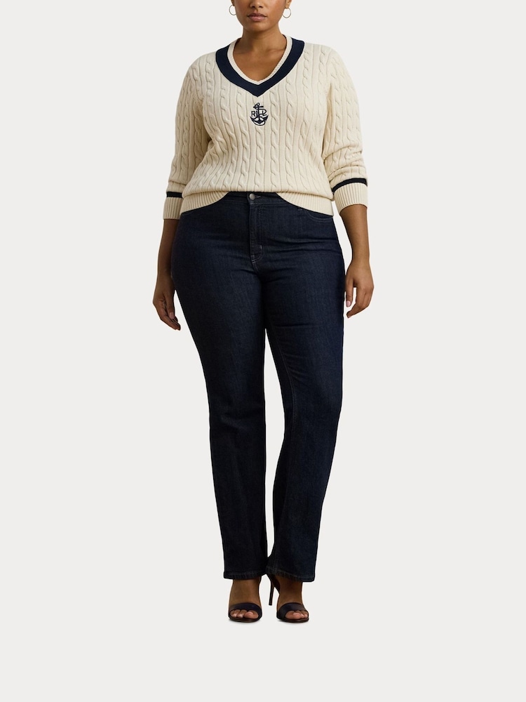 Lauren Ralph Lauren Curve Meren V-Neck Cricket Logo Cable Knit 100% Cotton Jumper - Image 1 of 7