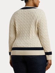 Lauren Ralph Lauren Curve Meren V-Neck Cricket Logo Cable Knit 100% Cotton Jumper - Image 2 of 7
