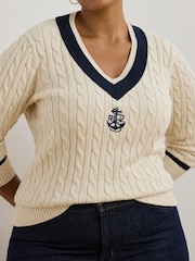 Lauren Ralph Lauren Curve Meren V-Neck Cricket Logo Cable Knit 100% Cotton Jumper - Image 4 of 7