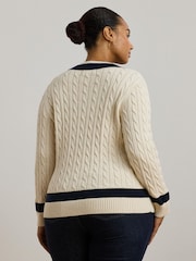 Lauren Ralph Lauren Curve Meren V-Neck Cricket Logo Cable Knit 100% Cotton Jumper - Image 6 of 7