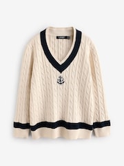 Lauren Ralph Lauren Curve Meren V-Neck Cricket Logo Cable Knit 100% Cotton Jumper - Image 7 of 7