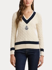 Lauren Ralph Lauren Curve Meren V-Neck Cricket Logo Cable Knit 100% Cotton Jumper - Image 1 of 5