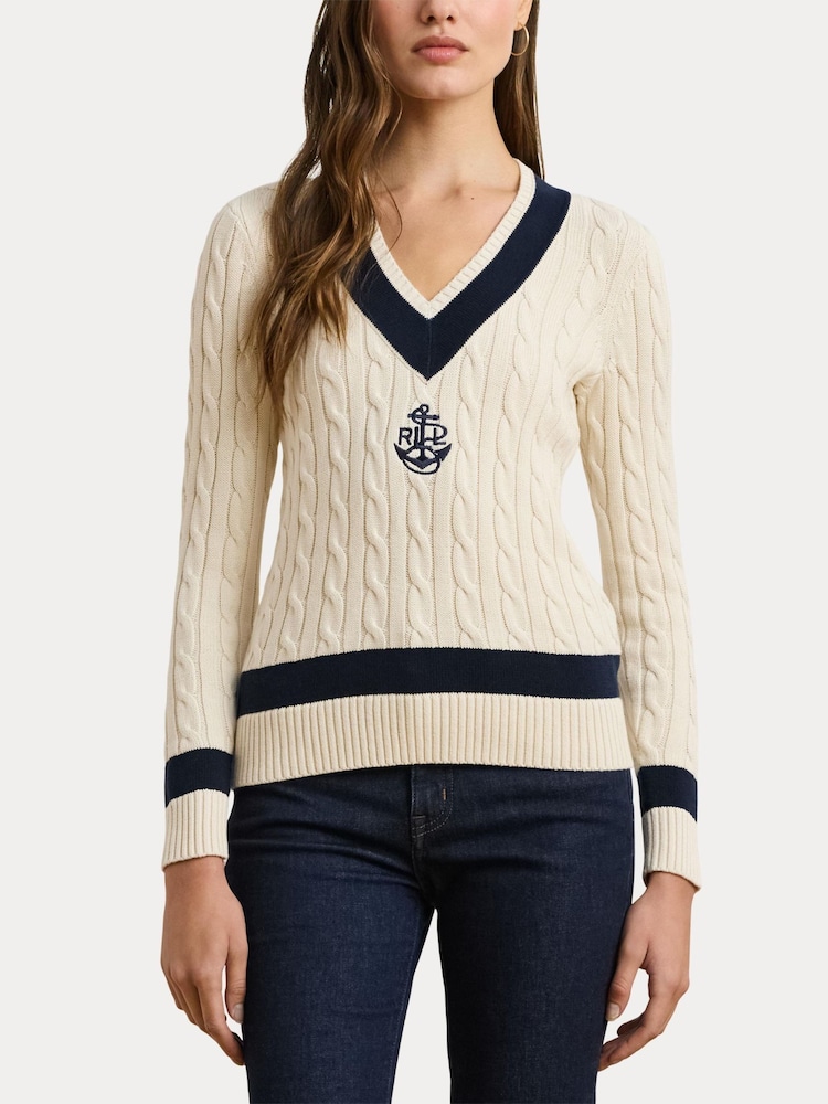 Lauren Ralph Lauren Curve Meren V-Neck Cricket Logo Cable Knit 100% Cotton Jumper - Image 1 of 5