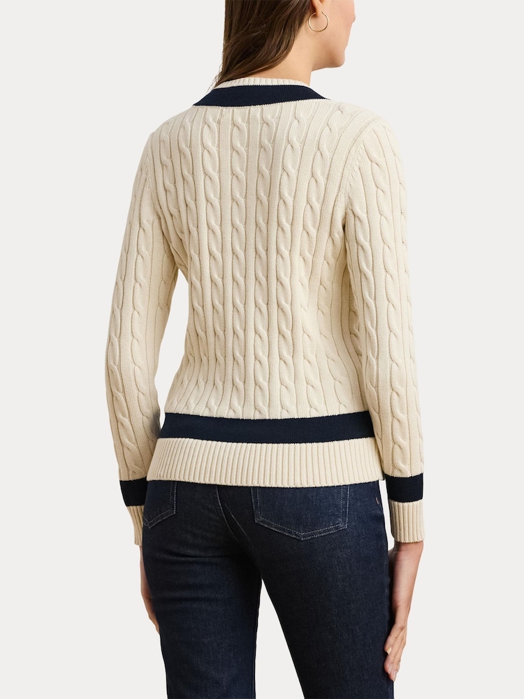 Lauren Ralph Lauren Curve Meren V-Neck Cricket Logo Cable Knit 100% Cotton Jumper - Image 2 of 5