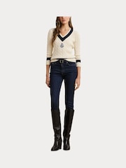 Lauren Ralph Lauren Curve Meren V-Neck Cricket Logo Cable Knit 100% Cotton Jumper - Image 3 of 5