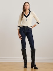 Lauren Ralph Lauren Curve Meren V-Neck Cricket Logo Cable Knit 100% Cotton Jumper - Image 4 of 5