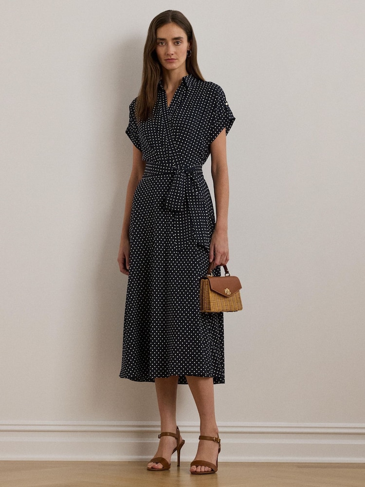 Lauren Ralph Lauren Polka-Dot Belted Crepe Dress - Image 1 of 8