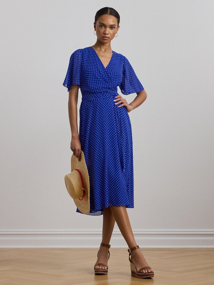 Lauren Ralph Lauren Polka-Dot Belted Crinkle Georgette Dress - Image 1 of 8