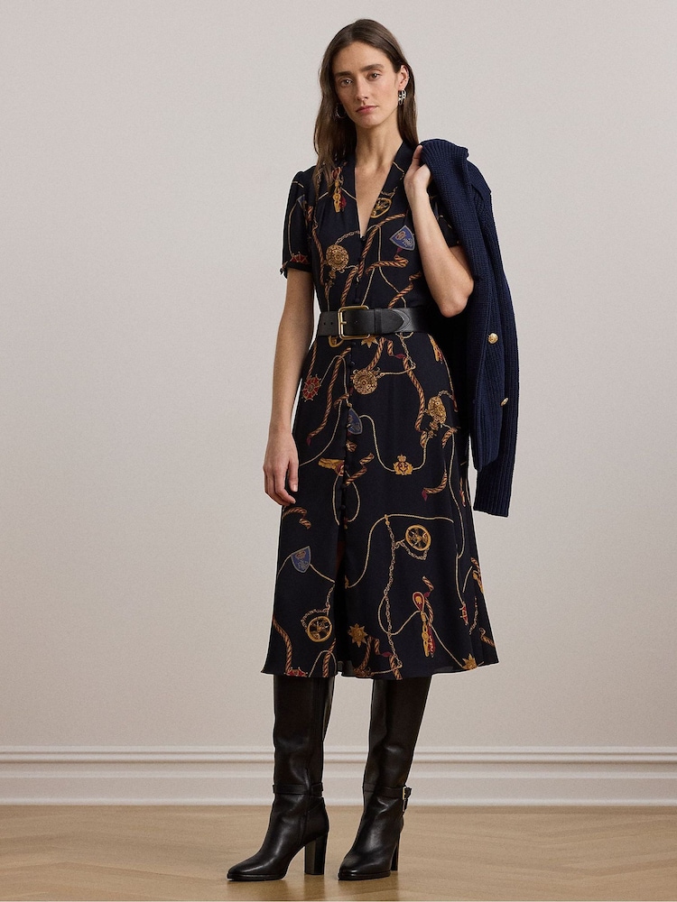 Lauren Ralph Lauren Belt Print Midi V Neck Dress - Image 1 of 8