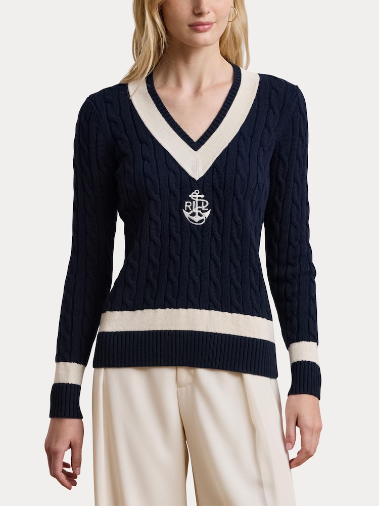 Lauren Ralph Lauren Curve Meren V-Neck Cricket Logo Cable Knit 100% Cotton Jumper - Image 1 of 5 Lauren Ralph Lauren Curve Meren V-Neck Cricket Logo Cable Knit 100% Cotton Jumper - Image 1 of 5
