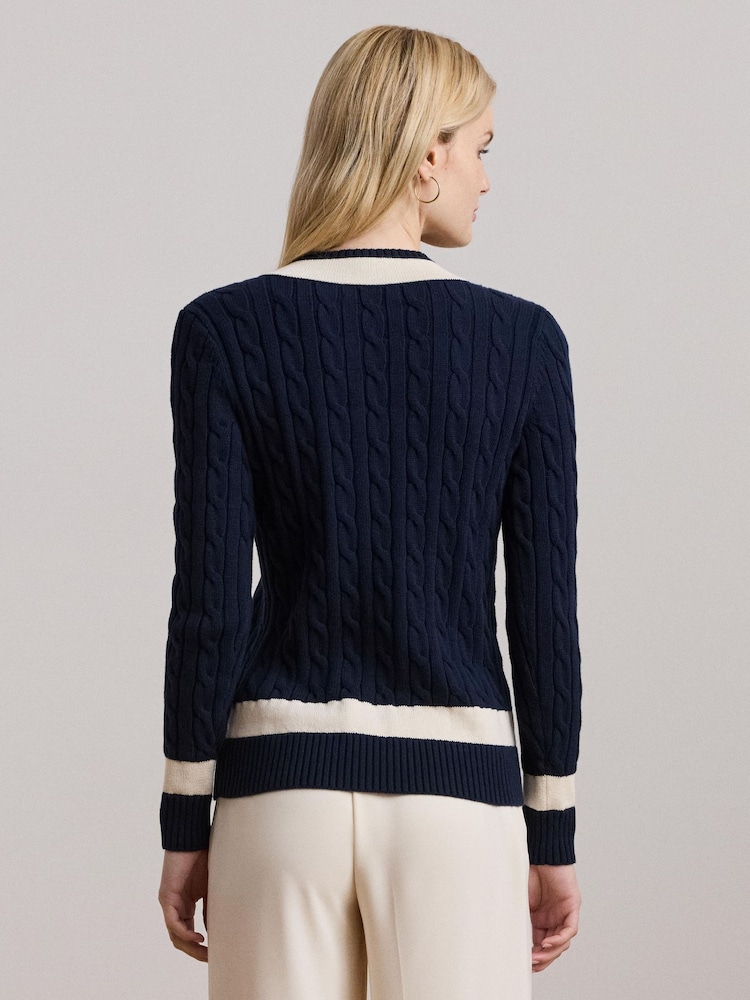Lauren Ralph Lauren Curve Meren V-Neck Cricket Logo Cable Knit 100% Cotton Jumper - Image 2 of 5 Lauren Ralph Lauren Curve Meren V-Neck Cricket Logo Cable Knit 100% Cotton Jumper - Image 2 of 5