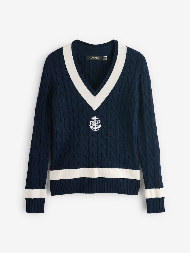 Lauren Ralph Lauren Curve Meren V-Neck Cricket Logo Cable Knit 100% Cotton Jumper - Image 5 of 5 Lauren Ralph Lauren Curve Meren V-Neck Cricket Logo Cable Knit 100% Cotton Jumper - Image 5 of 5