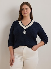 Lauren Ralph Lauren Curve Meren V-Neck Cricket Logo Cable Knit 100% Cotton Jumper - Image 1 of 5