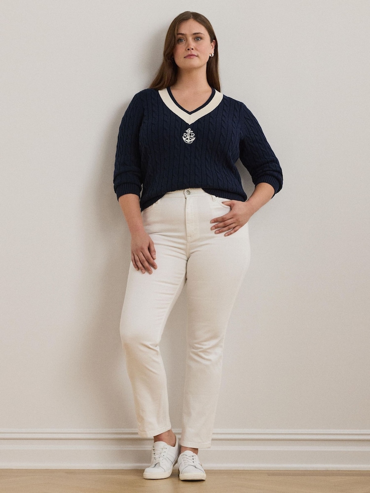 Lauren Ralph Lauren Curve Meren V-Neck Cricket Logo Cable Knit 100% Cotton Jumper - Image 2 of 5