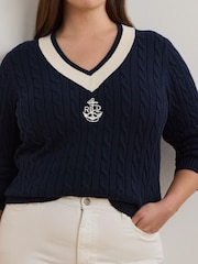 Lauren Ralph Lauren Curve Meren V-Neck Cricket Logo Cable Knit 100% Cotton Jumper - Image 4 of 5
