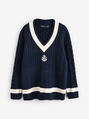 Lauren Ralph Lauren Curve Meren V-Neck Cricket Logo Cable Knit 100% Cotton Jumper - Image 5 of 5
