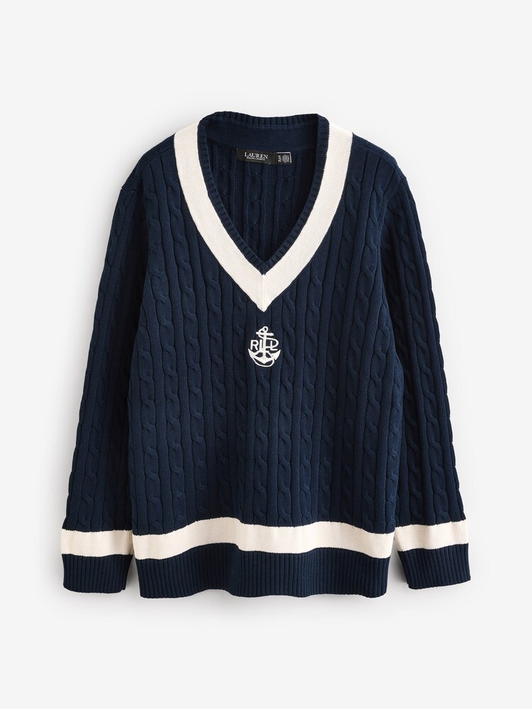 Lauren Ralph Lauren Curve Meren V-Neck Cricket Logo Cable Knit 100% Cotton Jumper - Image 5 of 5