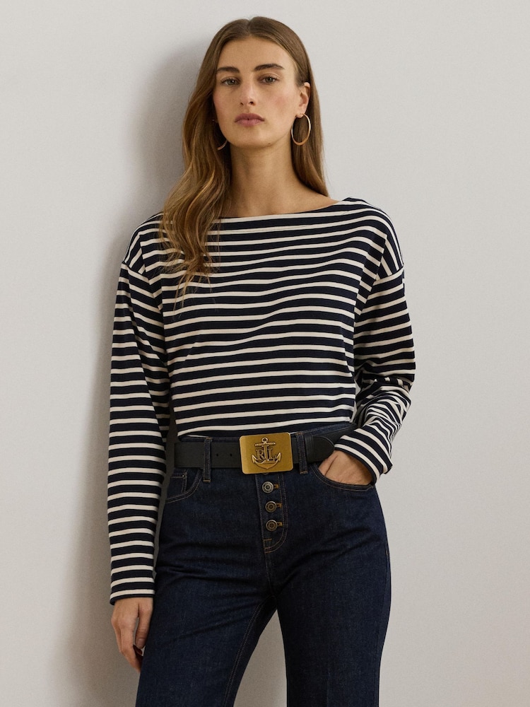 Lauren Ralph Lauren Ronlee Striped Cotton Jersey Boatneck Top - Image 1 of 5