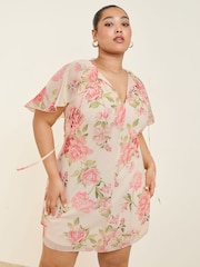 Pink Floral Print - Lipsy Print Flutter Sleeve Mini Shift Dress - Image 1 of 4