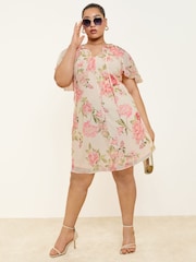 Pink Floral Print - Lipsy Print Flutter Sleeve Mini Shift Dress - Image 3 of 4