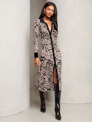 Lipsy Neutral Animal Printed Long Sleeve Jersey Shirt Dress - Image 1 of 4