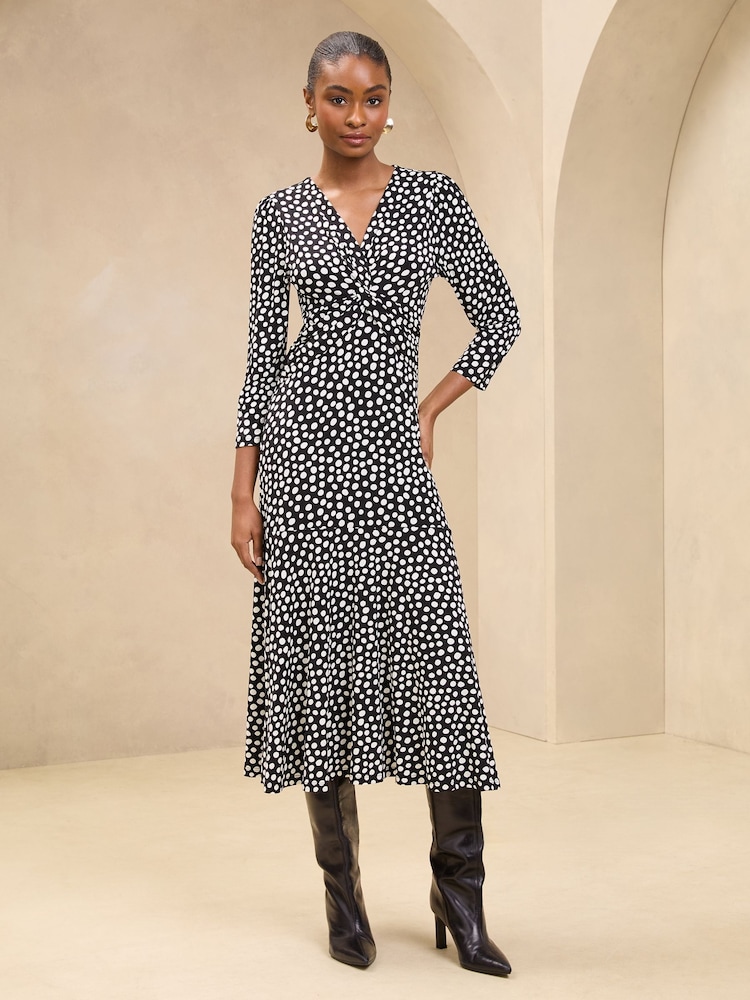 Lipsy Black/White Spot V-Neck Twist Underbust Jersey Midi Dress - Image 1 of 4