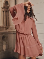 Lipsy Pink Fluted Ruffle Sleeve Keyhole Mini Dress - Image 1 of 5