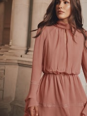 Lipsy Pink Fluted Ruffle Sleeve Keyhole Mini Dress - Image 3 of 5