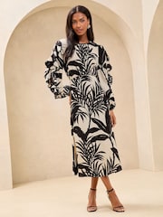 Lipsy Monochrome Petite Palm Print Long Sleeve Ruffle Midi Dress - Image 1 of 4