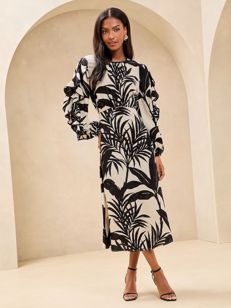 Lipsy Monochrome Petite Palm Print Long Sleeve Ruffle Midi Dress - Image 1 of 4