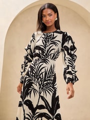 Lipsy Monochrome Petite Palm Print Long Sleeve Ruffle Midi Dress - Image 2 of 4