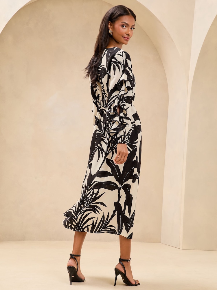 Lipsy Monochrome Petite Palm Print Long Sleeve Ruffle Midi Dress - Image 4 of 4