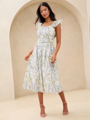 Lipsy White Floral Petite Linen Look Frill Sleeve Belted Prom Fit And Flare Midi Dress - Image 1 of 4