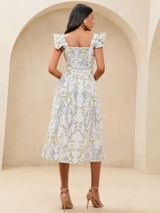 Lipsy White Floral Petite Linen Look Frill Sleeve Belted Prom Fit And Flare Midi Dress - Image 4 of 4