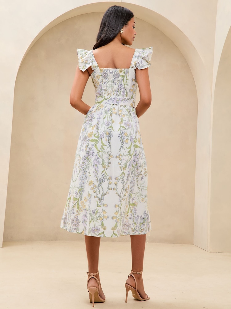 Lipsy White Floral Petite Linen Look Frill Sleeve Belted Prom Fit And Flare Midi Dress - Image 4 of 4