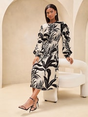 Lipsy Monochrome Palm Print Long Sleeve Ruffle Midi Dress - Image 3 of 4
